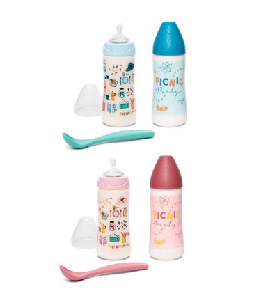 PACK BIBERON SUAVINEX TETINA ANATOMICA TALLA 2 FLUJO MEDIO 360ml + BIBERON TALLA 2 FLUJO DENSO 360ml + CUCHARA